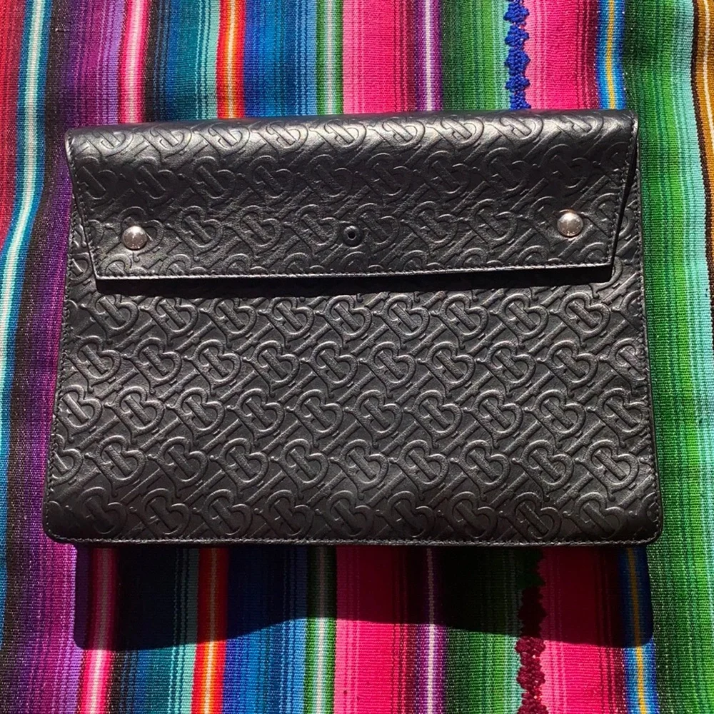 Burberry Black Embossed Monogram Leather Clutch Computer Bag